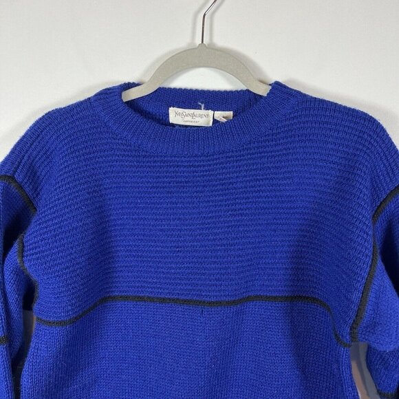 Yves Saint Laurent Sweater Mens Size Small Blue Black Striped 100% Wool vintage - Picture 3 of 8
